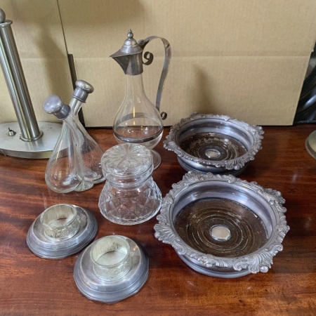 Asstd Lot ofÂ  Plated Bottle Coasters, Sterling Silver Spoon Rests + Duo Oil Bottles + Cut Glass Trinket Jar