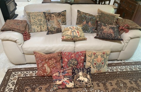 Collection of 11 Tapestry Style Cushions + 2 Fabric Arm Protectors