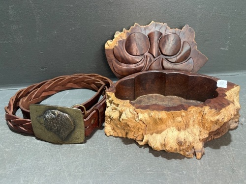 Hand-Crafted Wooden Serving Bowl/Sculpture with Leather Signed Wolf Belt