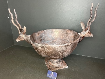 Large Vintage Pedestal Bowl Featuring Antelope Head Handles