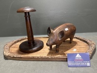 Lot of Hand-Carved Wooden Items - Inc. Pig Sculpture, Serving Plate, Wig/Hat Stand and Gavel - 2