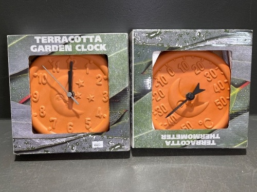 Terracotta Garden Clock and Thermometer