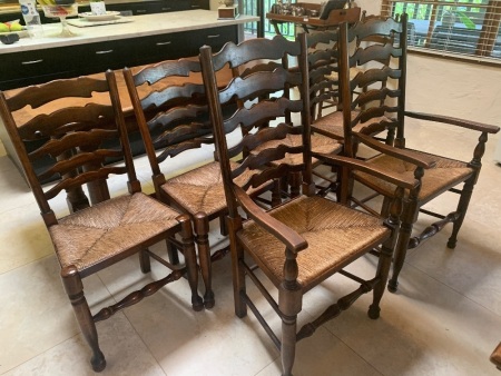 Set of 6 Antique Oak Rush Seated Ladderback Chairs inc. 2 Carvers