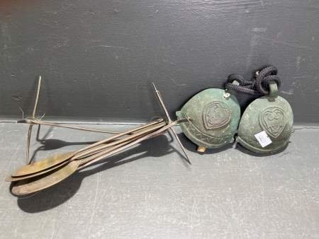 Vintage Possibly Brass Bells with Wooden Clappers with Steel Spoon Wind Chimes
