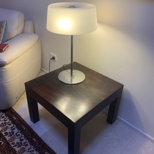 Pair of Contemporary Timber Lamp Tables + Chrome Lamps