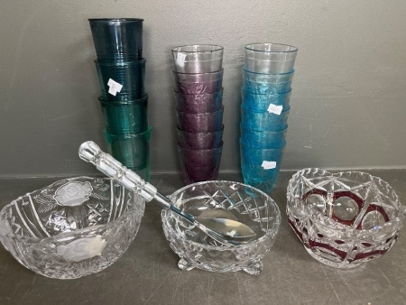 3 x Lead Crystal Bowls, One with Purple Design and Set of 16 Glasses