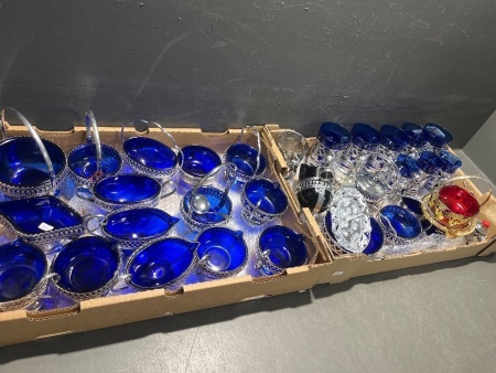 Large Collection of Vintage Cobalt Blue Silver-Plated Dishes