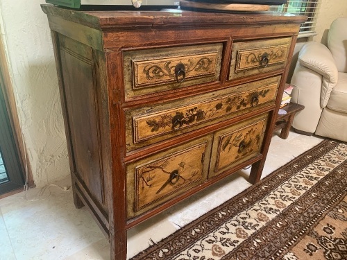 Vintage 5 Drawer Chinese Chest of Drawers Hand Painted with Birds