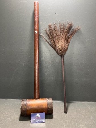 Vintage Asian Straw Broom and Double Metal Banded Carnival Mallet
