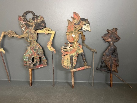 3 x Double-Sided Wooden Wayang Kulit Puppets from Indonesia