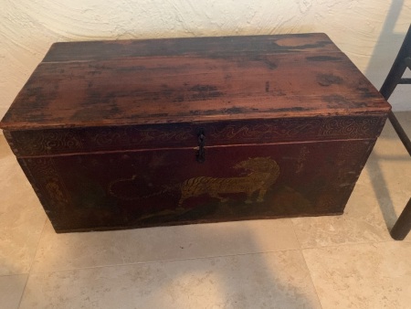 Antique Timber Glory Box - Front Hand Painted with Tiger Scene