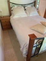 Contermporary Iron & Timber Double Bed & Mattress + Small Pine Side Table