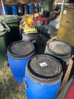 4x plastic storage drums containing fertiliser