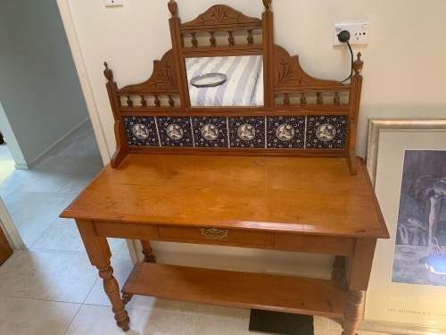 Kauri Pine Wash Stand with Tiled & Mirrored Back