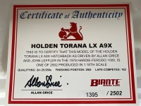 1978 Holden Torana LX A9X #6 AllanGrice/JohnLeffler - 2nd Place Hardie-Ferodo 1000 - 1395/2502 - AUTOart - 87860 - Car & Certificate Signed Allan Grice - 2