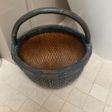 Large Vintage Chinese Woven Cane Basket wirh Blue Paint
