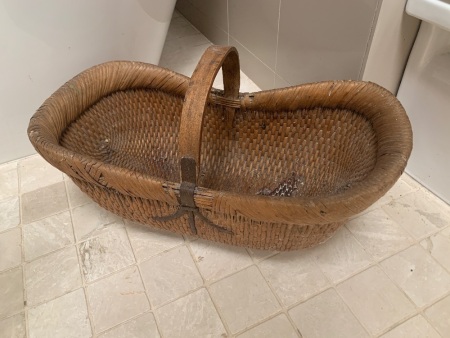 Large Asian Woven Cane Basket with Wooden Handle