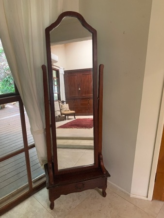 Vintage Timber Cheval Mirror with Single Drawer Under