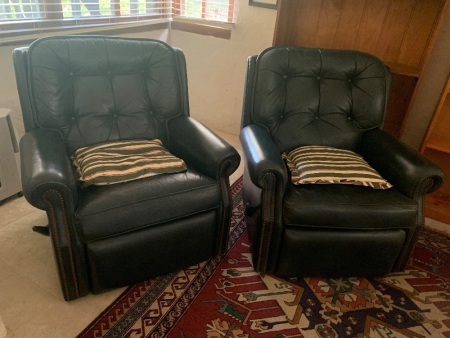 Pair Of Green Leather Recliner Chesterfield Style Armchairs with Button Backs and Brass Studs