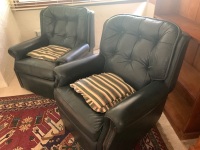 Pair Of Green Leather Recliner Chesterfield Style Armchairs with Button Backs and Brass Studs - 2