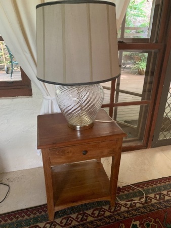 Small Modern Pine Lamp Table + Large Swirled Glass Lamp