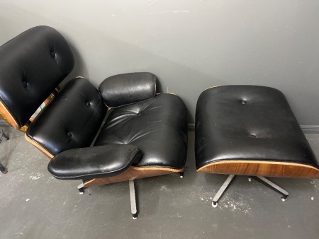 Vintage Eames Syle Leather Chair with Foot Stool and Wooden Base