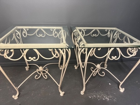2 x Vintage Metal Glass Top White Tables