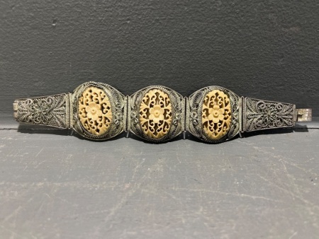 Antique Chinese Filigree Silver and Bone Bracelet