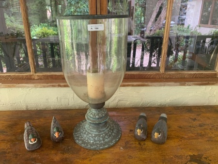 Large Glass Bell Candle Holder/Vase with Metal Base + 4 Carved Ducks