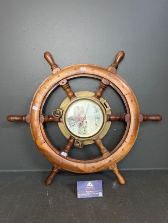 Chadburns Liverpool & London Vintage Wooden Ship's Wheel with Brass Porthole Clock/Telegraph
