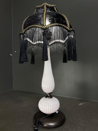 Vintage Table Lamp with Ornate Black Velvet Fringed Shade