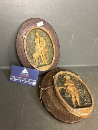 2 x Vintage Bronze/Brass Wall Hangings Mounted on Wooden Base