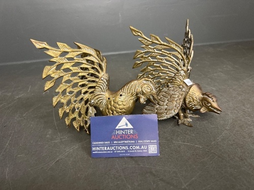 Pair of Brass Fighting Rooster Figurines