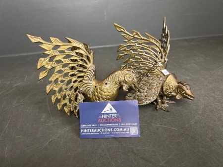 Pair of Brass Fighting Rooster Figurines