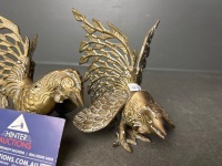 Pair of Brass Fighting Rooster Figurines - 2