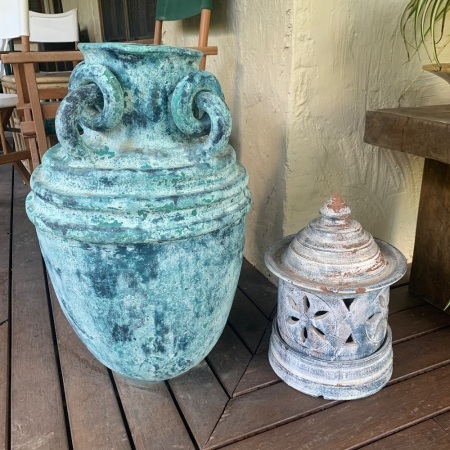 Large Painted Terracotta Urn with Rings + Smaller Terracotta Lantern