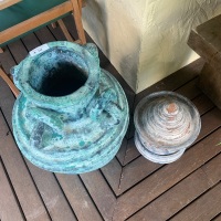 Large Painted Terracotta Urn with Rings + Smaller Terracotta Lantern - 2