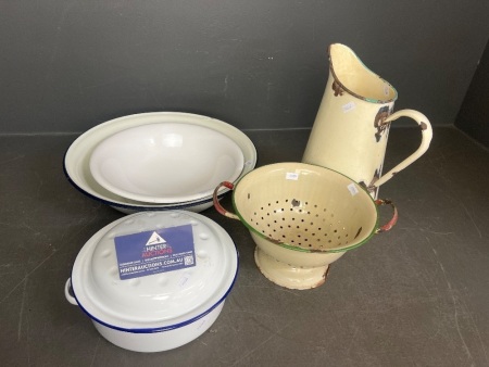 Enamelware - Jug, Colander and Pot inc White Porcelain Dish - REMOVED BY VEDOR