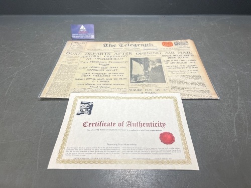 The Telegraph Newspaper 1934 with Certificate of Authenticity - REMOVED BY VENDOR