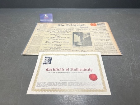 The Telegraph Newspaper 1934 with Certificate of Authenticity - REMOVED BY VEDOR
