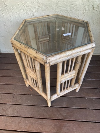 Hexagonal Glass Topped Cane Side Table