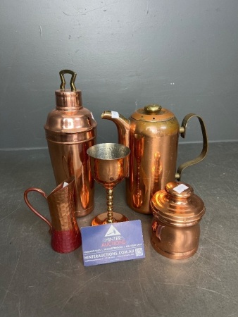 Collection of Polished Copper and Brass-Accented Serveware Items