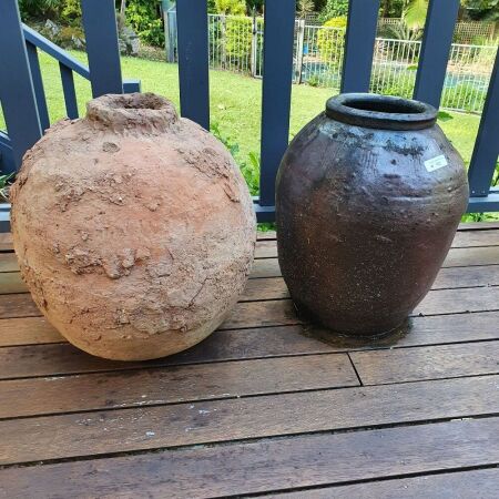 Vintage Salt Glazed Stone Urn & Rough Thrown Terracotta Globe Pot