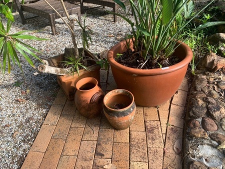 Asstd Lot of 6 Terracotta Pots inc. 3 Square, 1 Lge Salt Glazed Bowl + 2 Urns