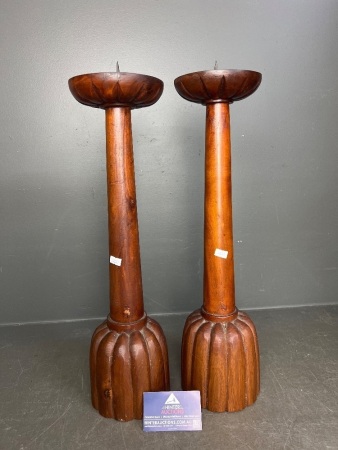 Pair of Wooden Carved Pillar Candle Holders