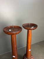 Pair of Wooden Carved Pillar Candle Holders - 2