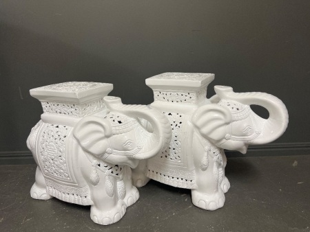 Pair of Vintage White Glazed Ceramic Elephant Plant Stands