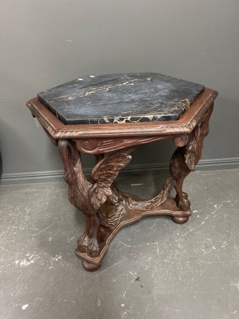 Vintage Hexagonal Side Table with Heavily Carved Wooden Base and Dark Marble