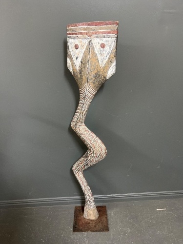 Tall Hand Carved Wooden Floor Sculpture with Metal Base