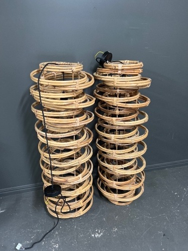2 x Stacked-Ring Woven Cane Lamps